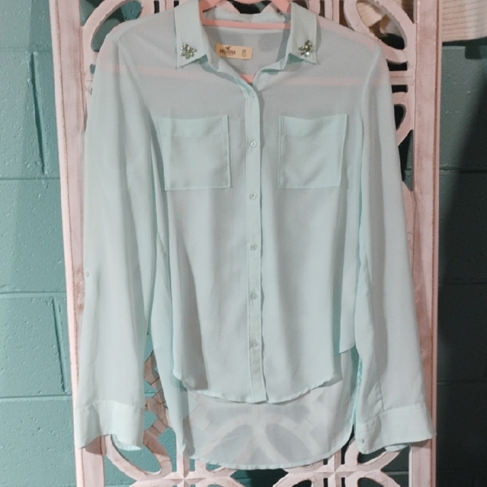 Hollister Mint Button Down Blouse with Embellished Collar